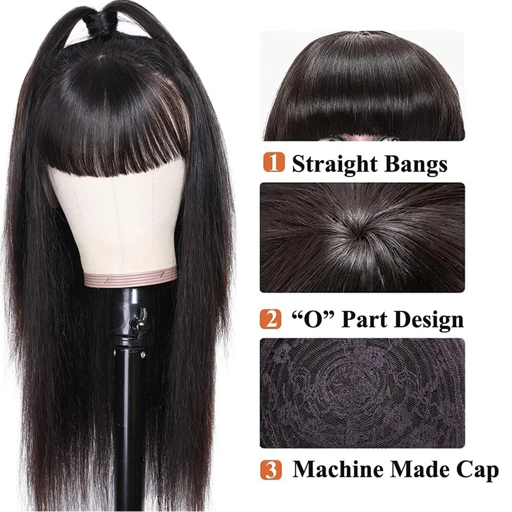 Full Machine Made Straight 100% Real Human Hair Wigs with Bangs for Black Women 200 Density Brazilian Hair Bangs Wig 40 Inches