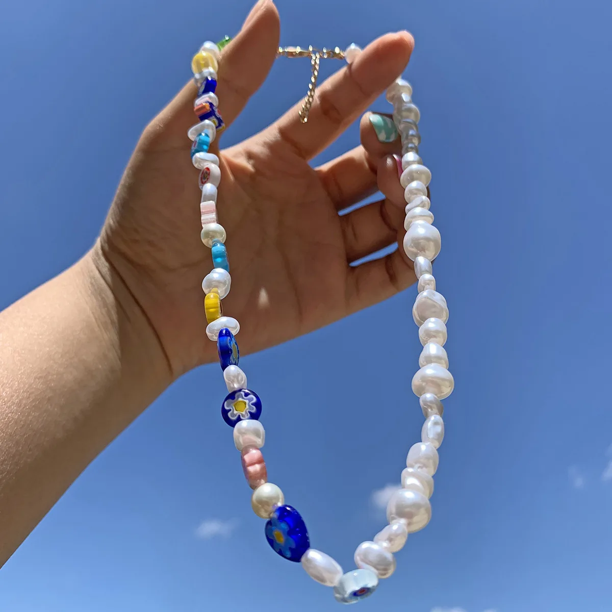 Irregular Pearl Blue Stone Heart Flower Beads Asymmetry personality Necklace for Women Girls Egirl Choker Jewelry 2021 Trend