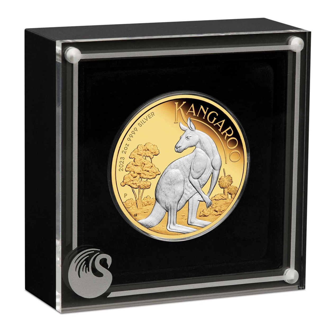 04 2023 Australian Kangaroo 2oz Silver Reverse Gilded Coin In Case HighRes