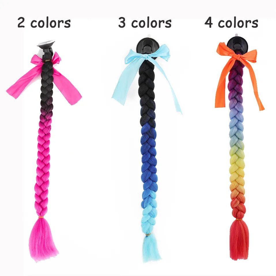 Benehair Helmet Pigtails Gradient Ramp Helmet Braids Ponytail Hair with Suction Cup with Bowknot for Motor Bike 1PCS 20inch
