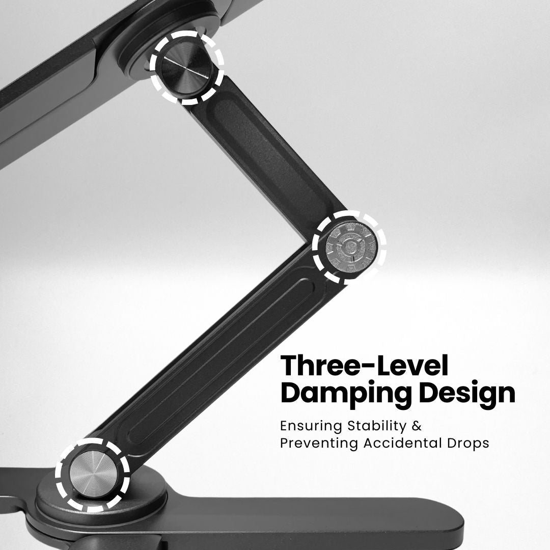 Close-up of Super Laptop Stand's hinge with three-level damping design for stability | Cyber Vintage | Grey