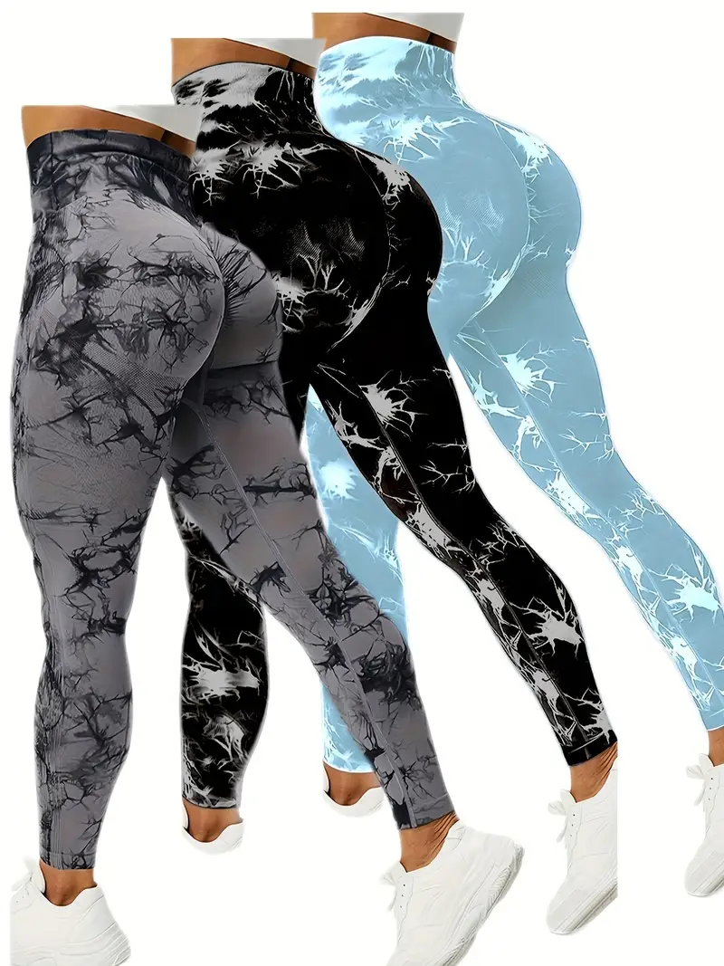 3pcs tie dye high waist sports leggings running workout fitness yoga tight pants womens activewear wide waistband details 11