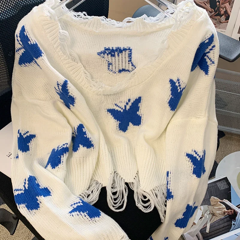 New Women Casual Loose Jumper Korean Fashion Graphic Butterfly Knitted Sweater Woman Sweet Oversized Cropped Off Shoulder Tops