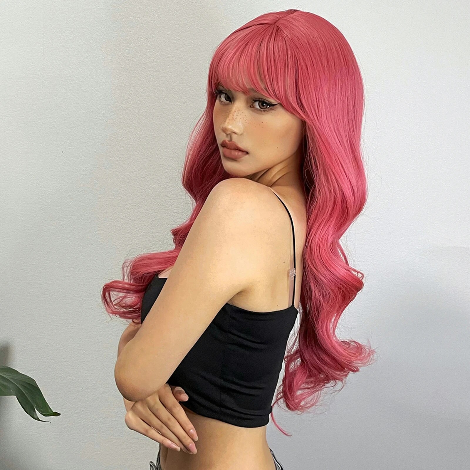 Long Pink Wavy Synthetic Natural Wigs for Women with Bangs Natural Wave Hair Wigs Daily Cosplay Use Lolita Heat Resistant Fiber