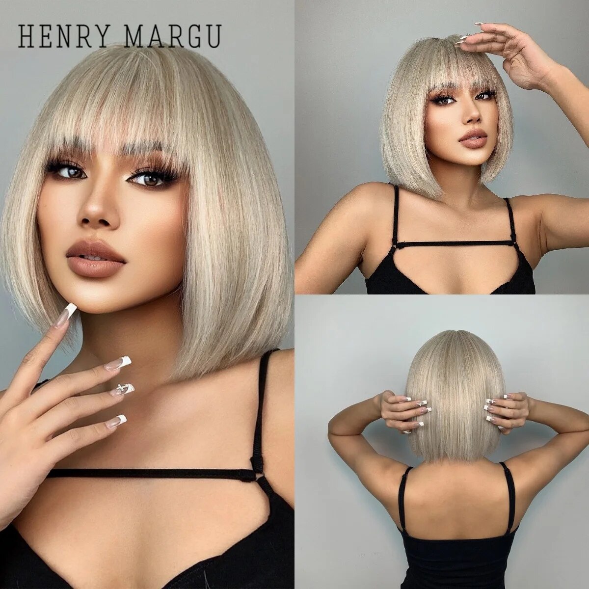 HENRY MARGU Short Straight Bob Platinum Synthetic Wigs with Bangs Light Blonde Natural Wig for Women Daily Party Heat Resistant