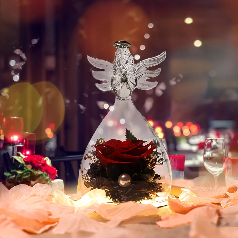 Eternal Flowers In Glass Little Angel Eternal Rose Flower Christmas Birthday Valentine Day Gifts Wedding Decoration Ornament