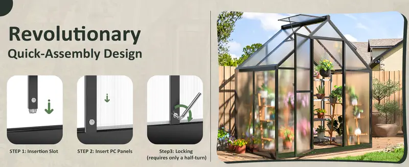   greenhouse for outdoors aluminum large walk in greenhouse for outside garden backyard polycarbonate greenhouse with quick setup structure and roof vent black details 1