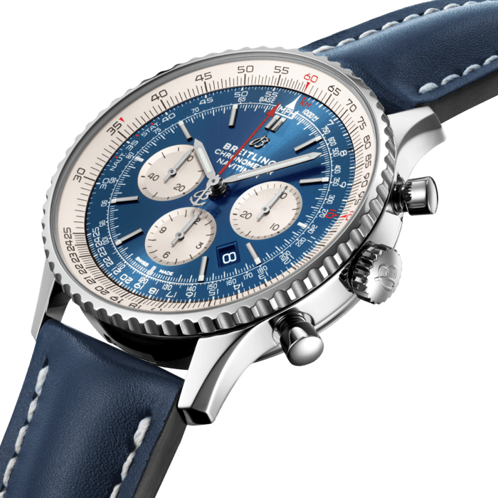 The classic Navitimer features a generous 46 mm diameter accentuating its presence on the wrist and enhancing the originality of its design, while optimizing the readability of the dial and the circular aviation slide rule. A transparent caseback reveals the chronometer-certified, high-performance self-winding chronograph caliber, Manufacture Breitling Caliber 01. In addition to the steel and steel & gold versions, this model is available in red gold. A larger-than-life take on the legend.