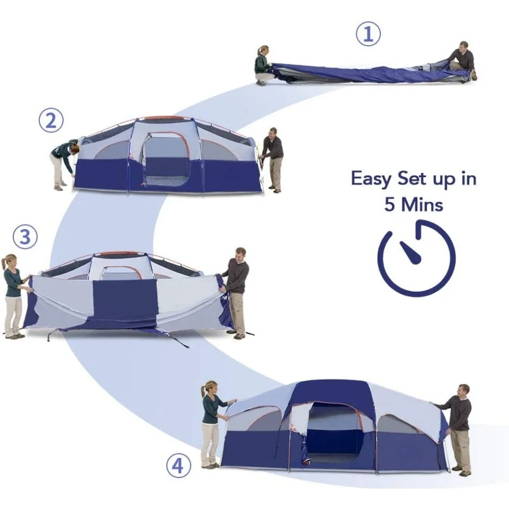 8 Person Camping Tents, 5 Large Mesh Windows, Double Layer, Divided Curtain for Separated Room, Portable with Carry Bag