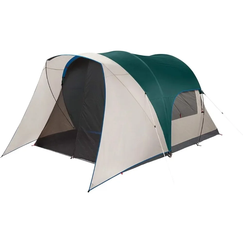 4/6 person windproof tent with enclosed shielded porch option, including rain flies, handbag, additional storage space