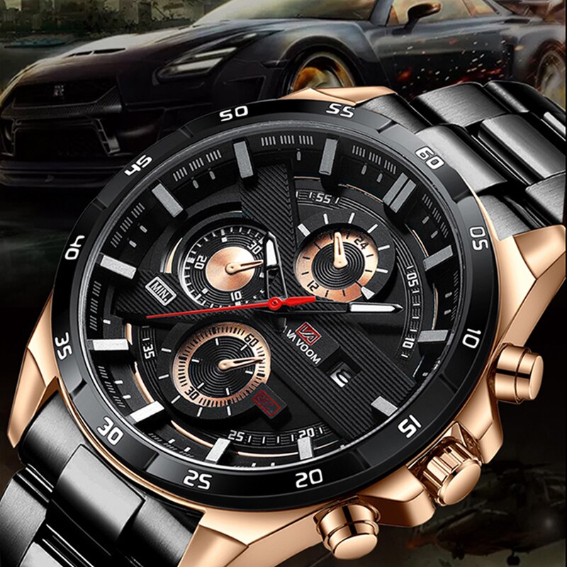VAVA VOOM Brand Luxury Watch Fashion Casual Military Quartz Sports Wristwatch Full Steel Waterproof Men Clock Relogio Masculino