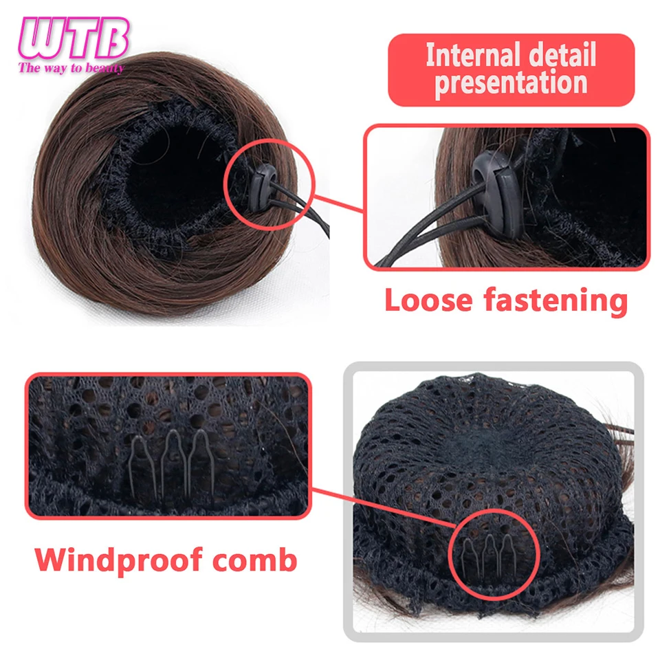 WTB Synthetic Hair Bun Straight Chignon for Women Hair Band Elastic Rubber Band High Temperture Fiber Hairpiece Hairpins Black