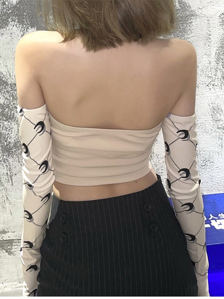 Y2K Top New Year 2022 Anime T-Shirt Long Sleeve Crop Top Backless Women's Tee Shirt Sexy Slim Halter Top Christmas Clothes