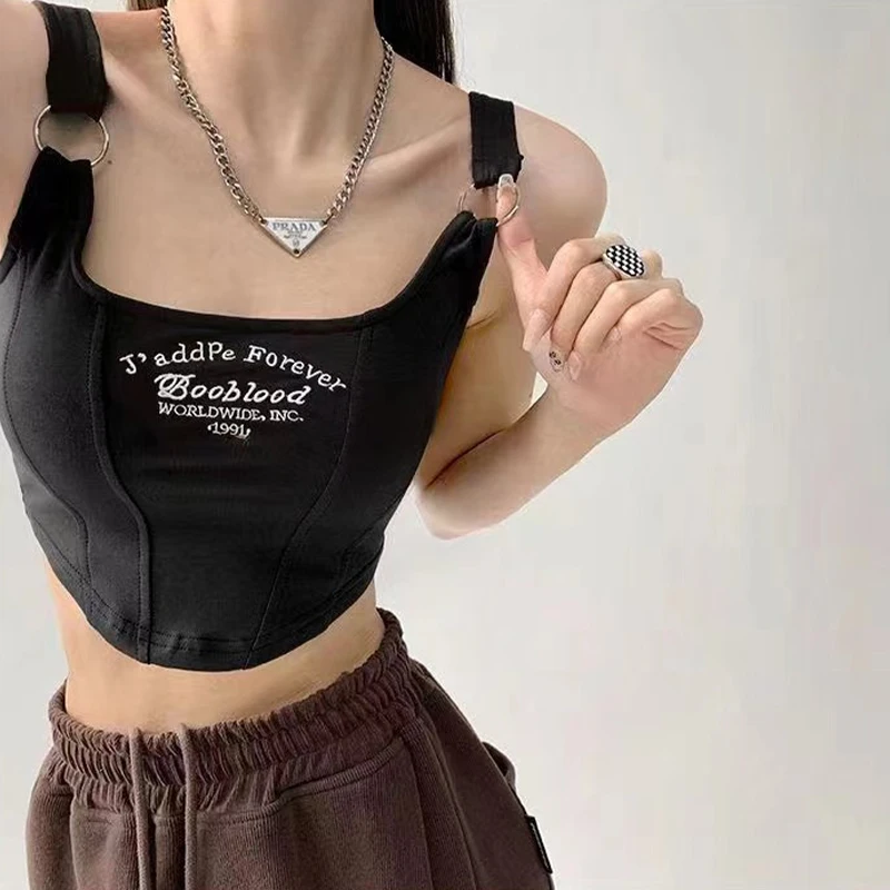 Summer Sleeveless 90s 00s Vintage Clothes Y2K Women Tops Crop Top Letter Tank Tops With Pad Camisole Female Sexy T-shirt Vest