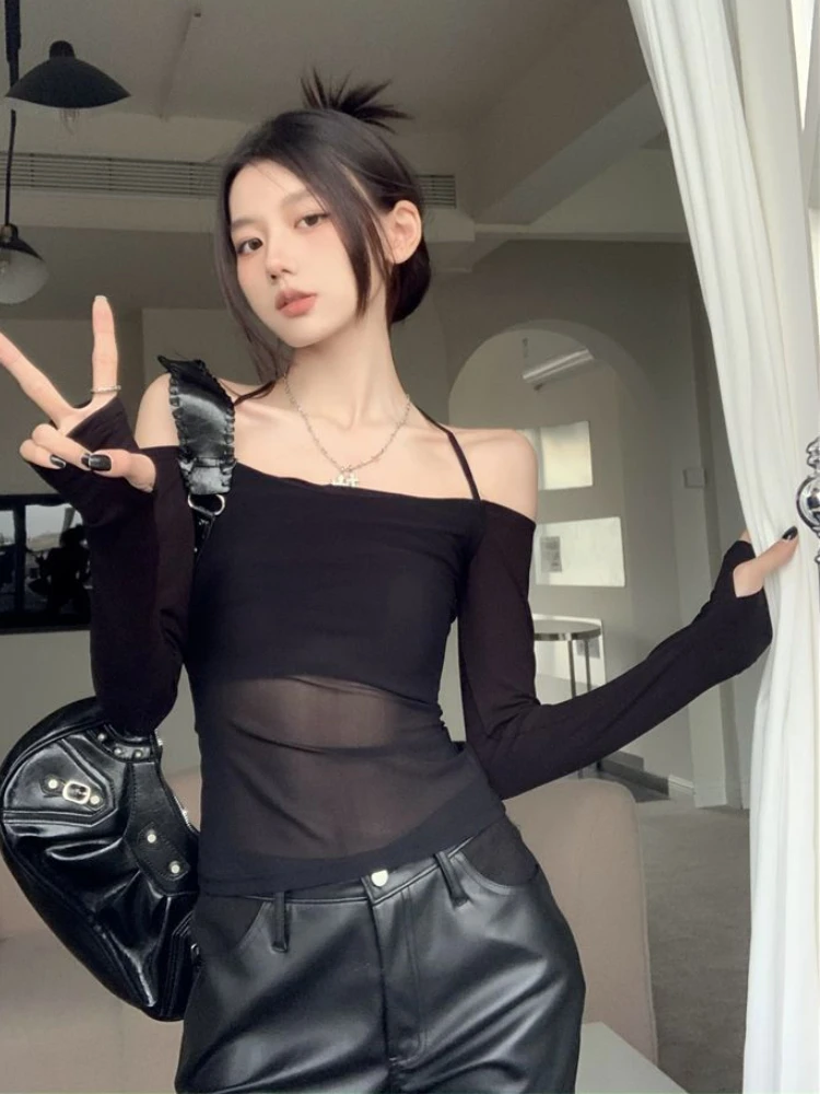 Halter T-shirts Women Slim Black Patchwork Hotsweet New Thin Sexy Off-shoulder Chic Designed Korean Fashion Streetwear Crop Tops