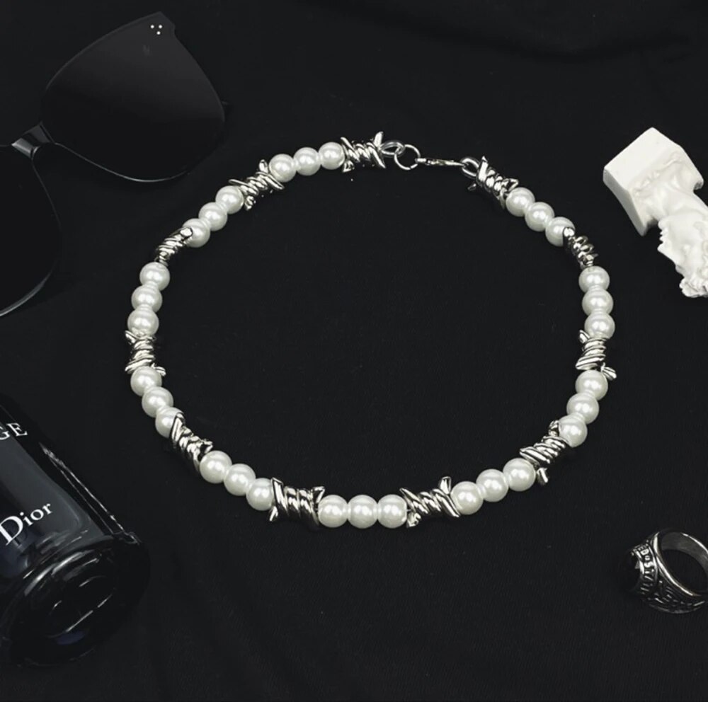 Fashion Stitching Thorns Chain Pearl Beaded Necklace Men Jewelry 2022 Trend Street Hip-hop Necklaces Jewelri Man Punk
