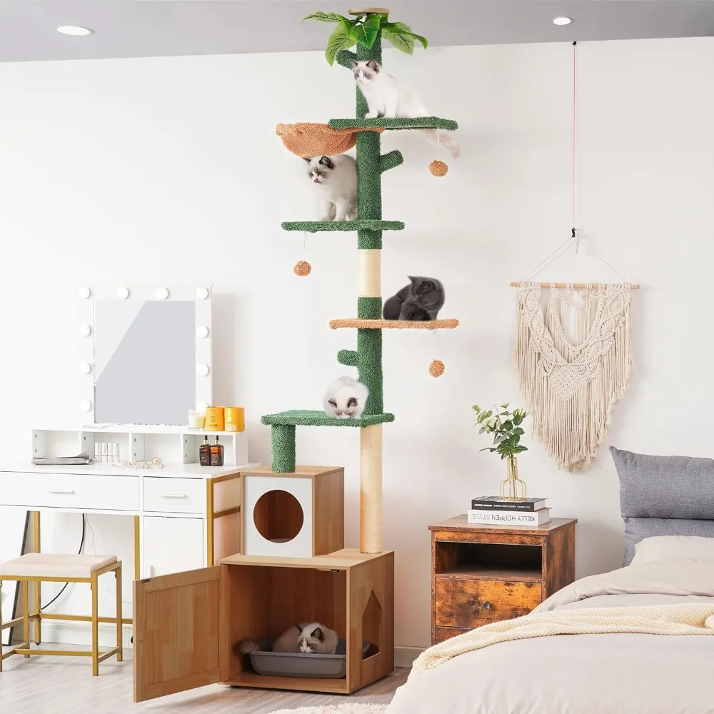 Cat Climbing Tower Adjustable 95-109 Inches with Basket  Tree Floor to Ceiling Cactus with Wood Litter Box Enclosure,Cat Condo