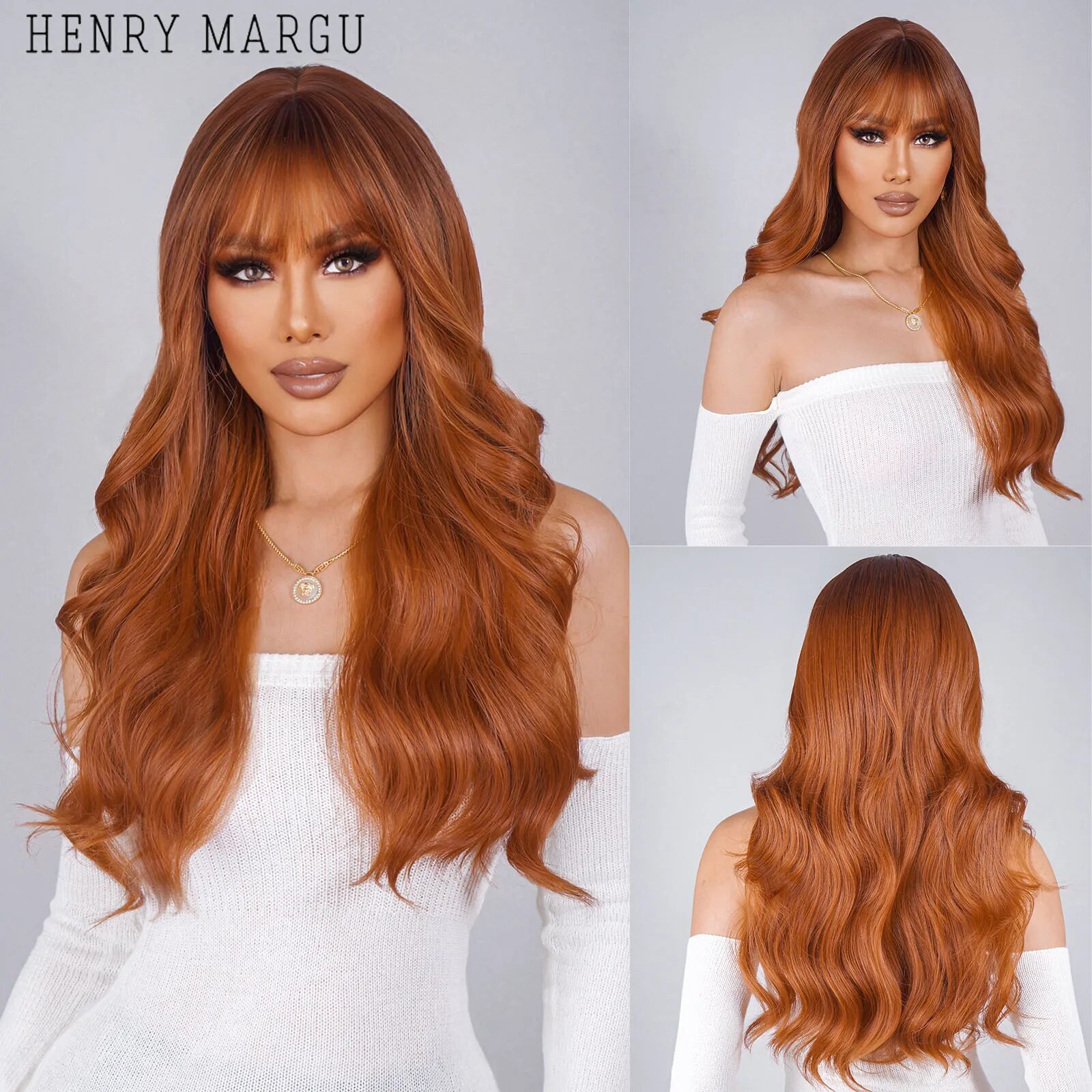 HENRY MARGU Red Brown Wigs with Bangs Long Wavy Copper Ginger Synthetic Wig for Black Women Daily Party Use Heat Resistant Fiber
