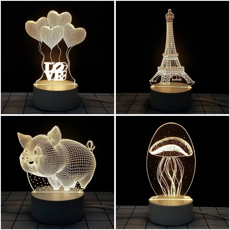 Creative LED Nightlights Acrylic 3D Lamp Cartoon Lovely Pig Owl Cow Horse Deer Mouse Pattern Bedroom Table Lights Home Decor New