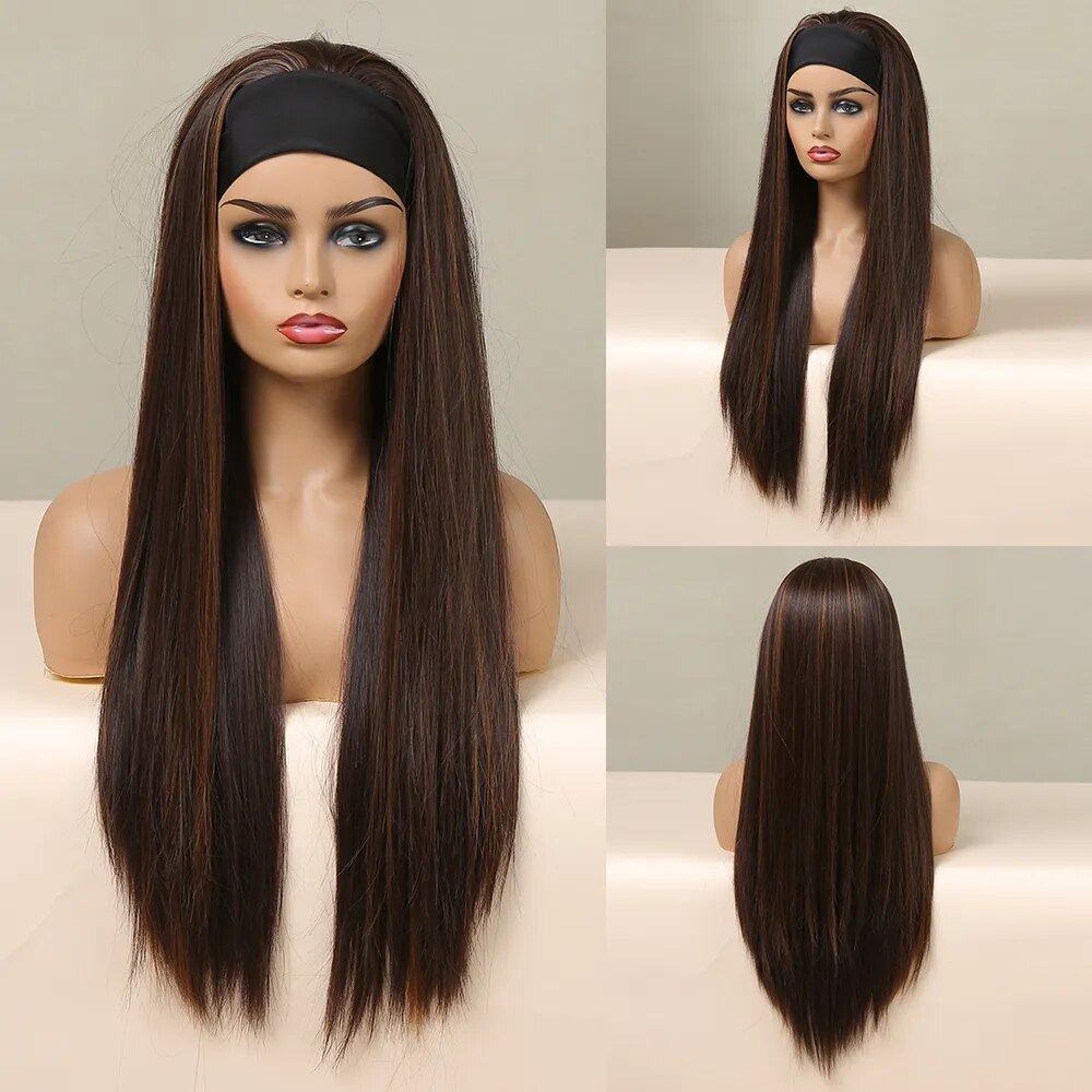 HENRY MARGU Long Straight Headband Wig Synthetic Hair Brown Gloden Highlight Glueless Wigs for Black Women Machine Made Cosplay