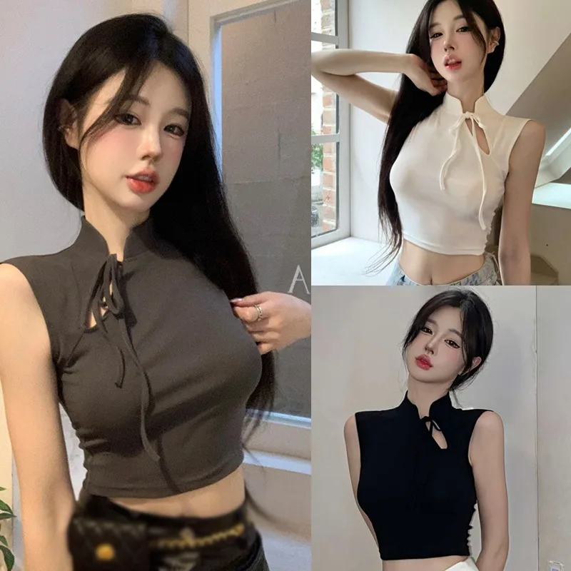 Girls' Korean Version Diagonal Neckline T-shirt Short Sleeved Hollow Out Lace Up Slim Fitting Sexy Navel Revealing Vest Top