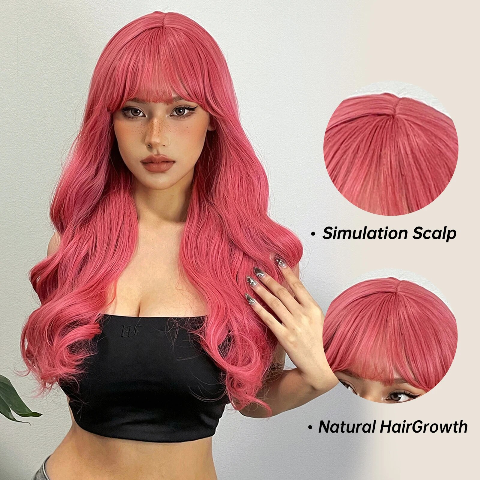 Long Pink Wavy Synthetic Natural Wigs for Women with Bangs Natural Wave Hair Wigs Daily Cosplay Use Lolita Heat Resistant Fiber