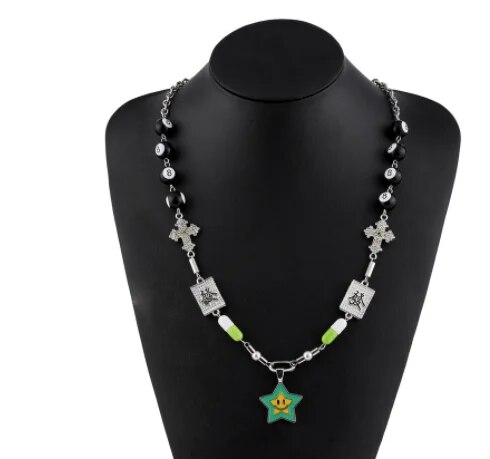 rhinestone -studded fortune cross lucky star necklace couple men and women tide street hip-hop punk neck chain