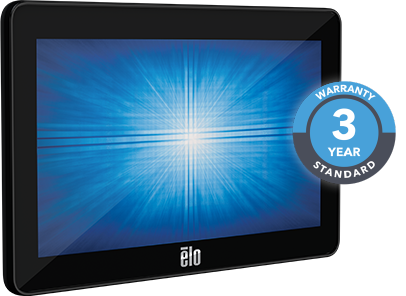 A touchscreen monitor tilted slightly to the right with a 3 year standard warranty icon next to it.