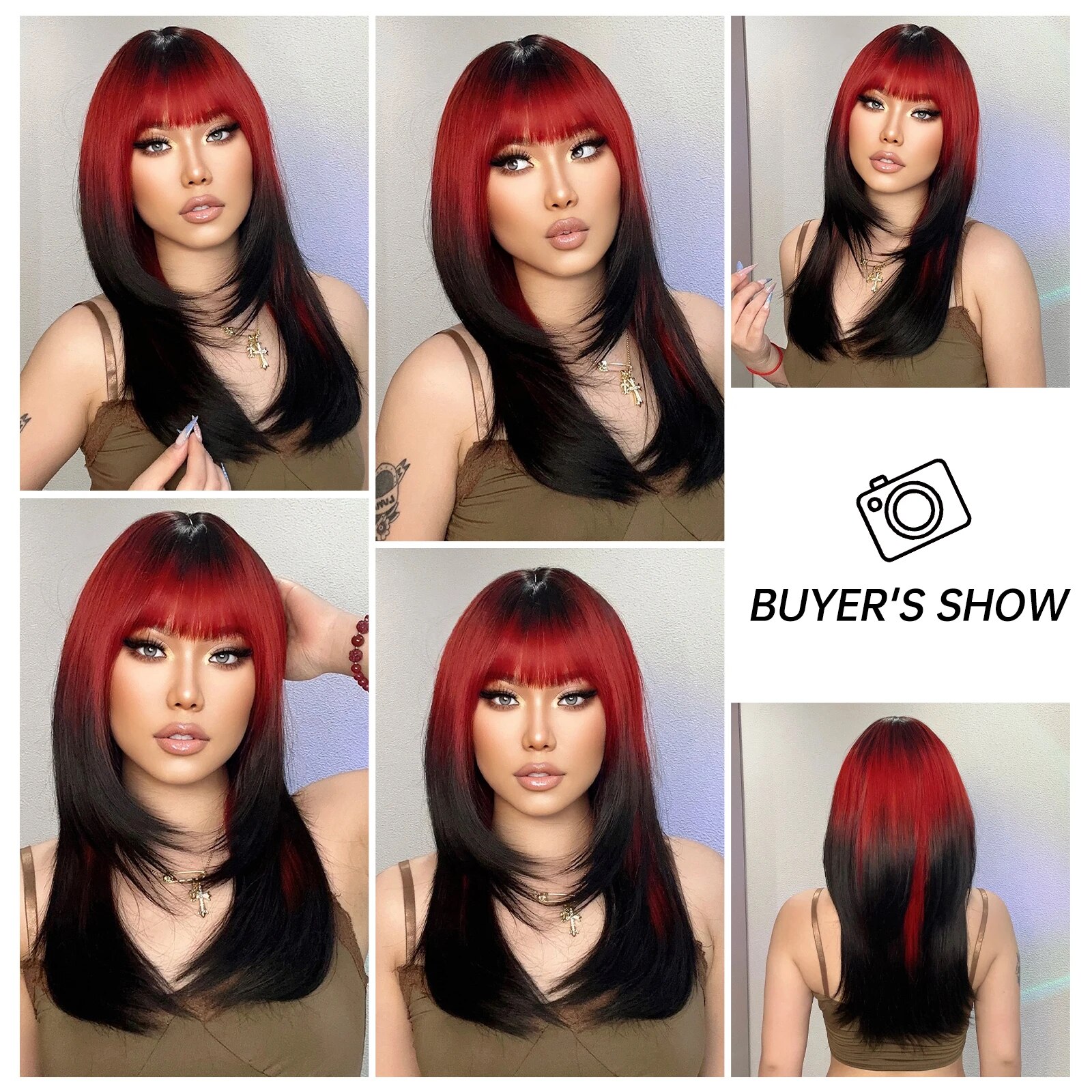 HENRY MARGU Long Straight Layered Wigs With Bangs Ombre Red to Black Wig Heat Resistant Fiber Natural Synthetic Wig for Women