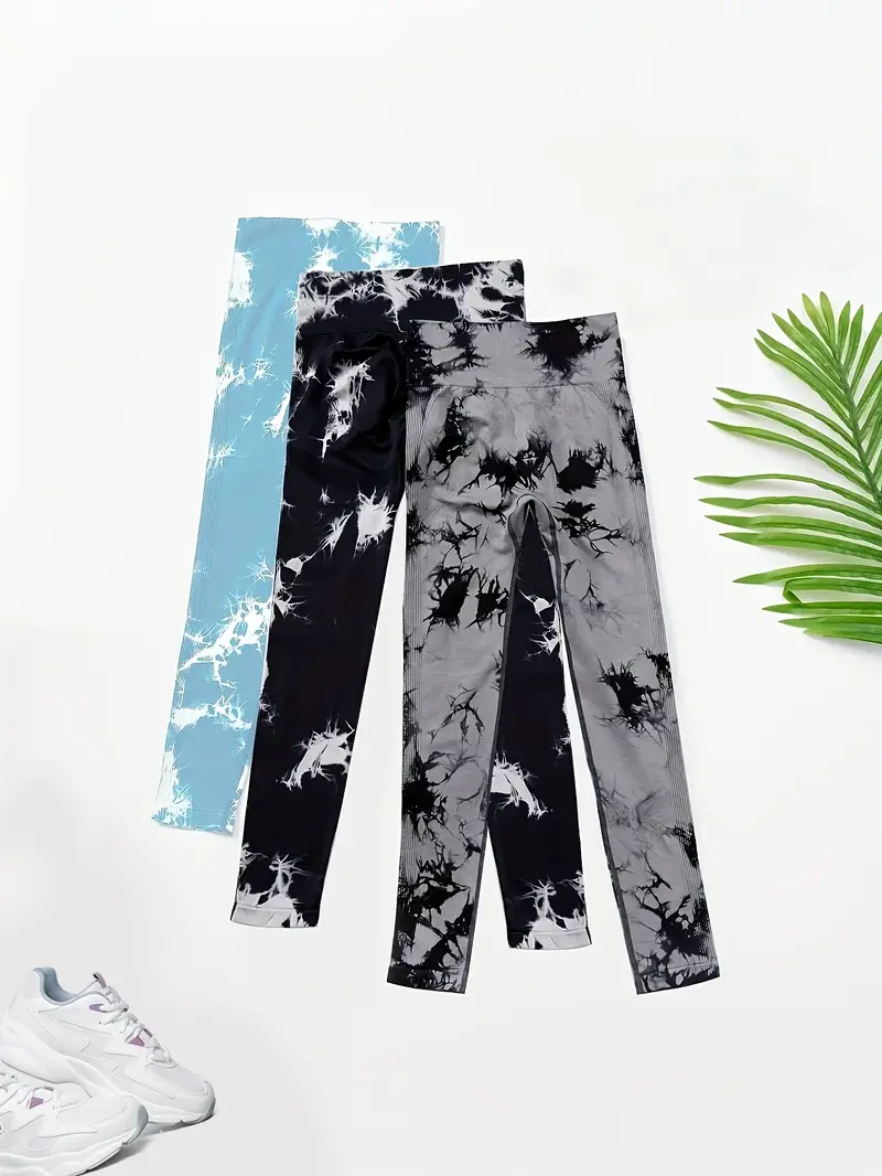 3pcs tie dye high waist sports leggings running workout fitness yoga tight pants womens activewear wide waistband details 12