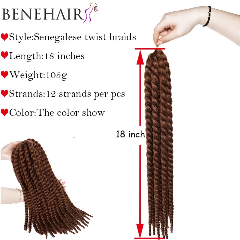 BENEHAIR Synthetic 18'' Twist Braid Hair Crochet Braiding Hair Extension Fake Hair For Black Women Black Bomb Twist