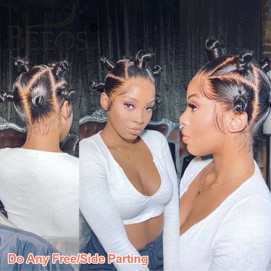 BEEOS 34in Real HD Full Lace Wig Silky Straight Braided Wigs Natural Pre plucked Lace Frontal Human Hair Wigs For Women Skinlike