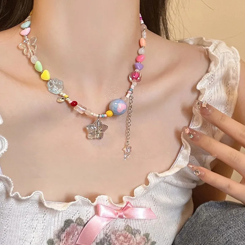 New Fashion Multicolor Ceramics Heart Beaded Necklace for Women Sweet Charm Love Clavicle Chain Jewelry Wholesale Ornamnet Gift