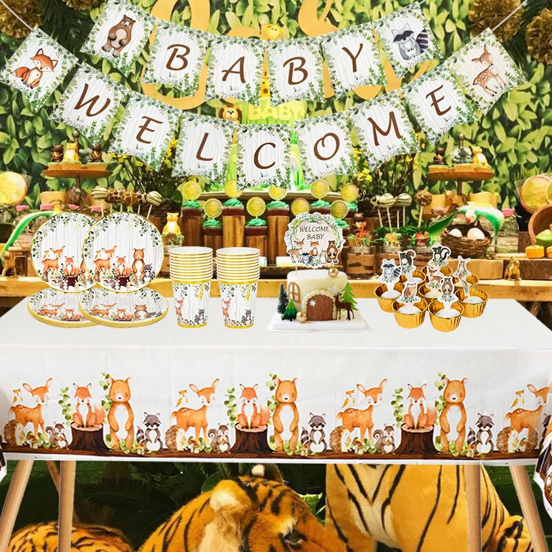 Woodland Animal Disposable Tableware Wild Forest Bear Fox Plate Cup Napkin Jungle Safari Baby Shower Happy Birthday Party Decor