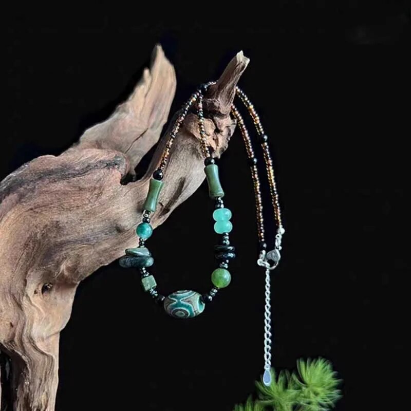 Vintage Chinese Style Tibetan Stone Lucky Beads Necklace for Women Men Retro Ethnic Choker Beaded Neck Chain Fashion Jewelry