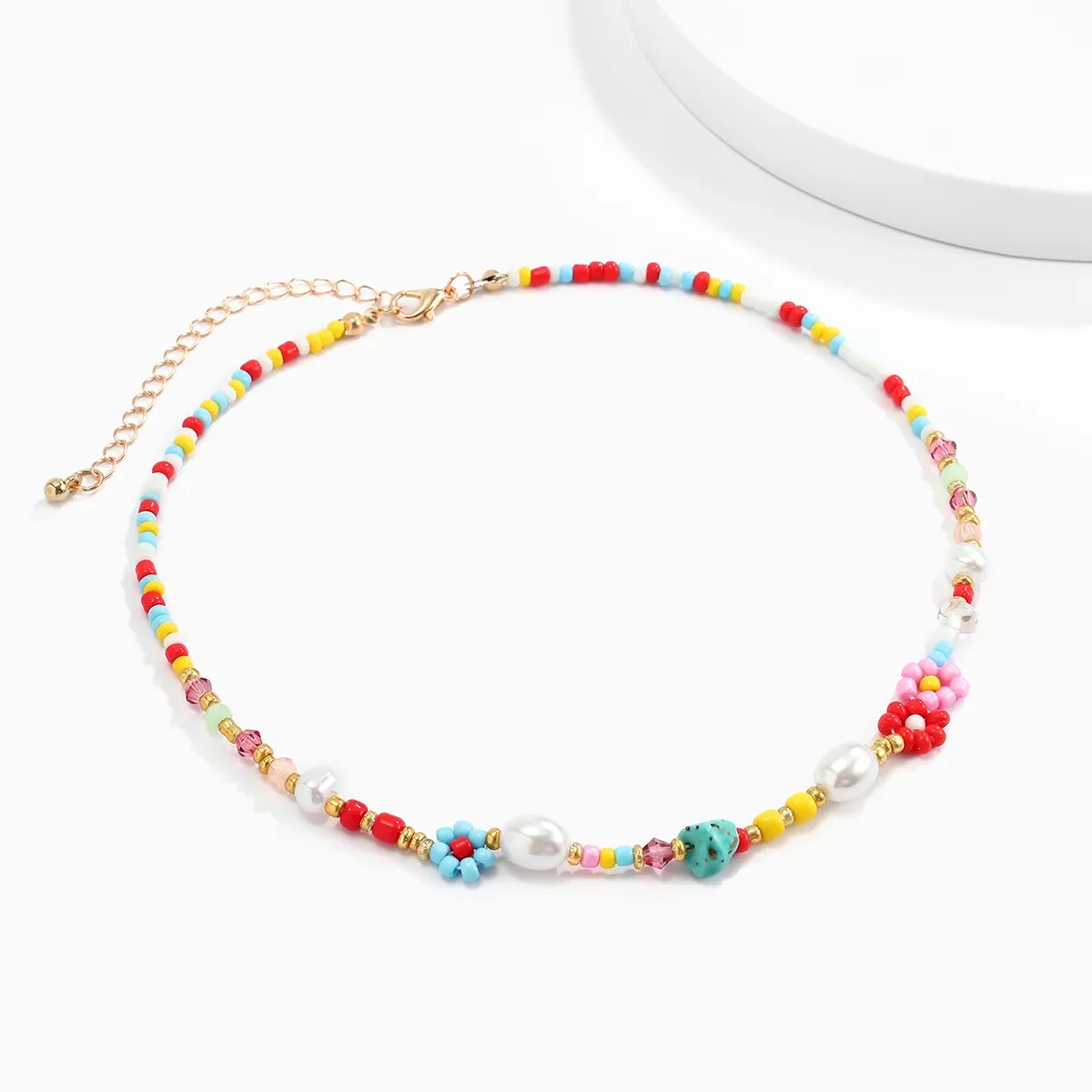 Baroque Simulated Pearls Cute Flowers Colorful Hand-woven Beaded Short Clavicle Chain Choker Necklace For Women Girls Jewelry