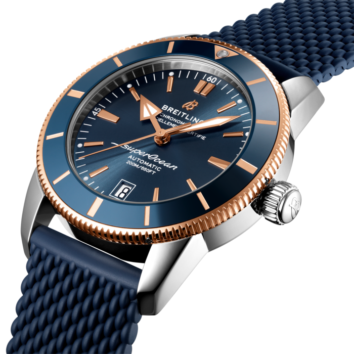 Inspired by the original Superocean from the 1950s, the Superocean Heritage combines iconic design features with a modern touch. Sporty and elegant, the Superocean Heritage is a true embodiment of style at sea.Featuring the iconic triangular-shaped hands as well as a unidirectional bezel with a polished ceramic ring, the Superocean Heritage is an elegant looking diver’s watch. Available in a variety of sizes and materials including stainless steel and 18k red gold, the Superocean Heritage B20 Automatic features a range of black, blue or green dials. Offered either with a matching mesh bracelet, or a “mesh-styled” rubber strap fitting a folding buckle, this Superocean Heritage is powered by the Breitling Manufacture Caliber B20, a COSC-certified chronometer based on the Tudor Caliber MT5612.