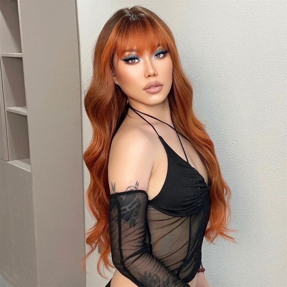 HENRY MARGU Ombre Orange Red Long Body Wavy Wig Synthetic Red Brown Wigs with Bangs for Women Daily Party Use Natural Fake Hair