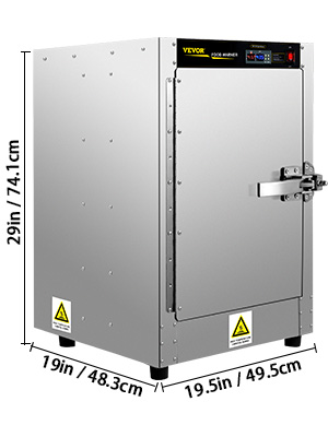 silver VEVOR hot box food warmer with dimensions labeled in inch and cm, front view, closed door.