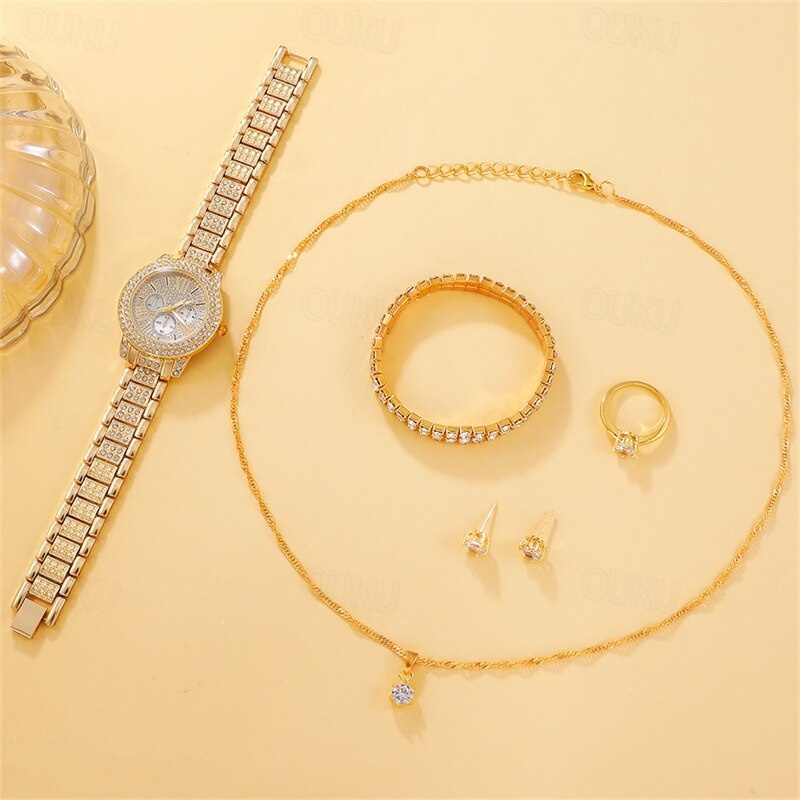 6PCS Set Luxury Watch Women Ring Necklace Earrings Rhinestone Fashion Wristwatch Female Casual Ladies Watches Bracelet Set 2024 - US $16.99 –P4