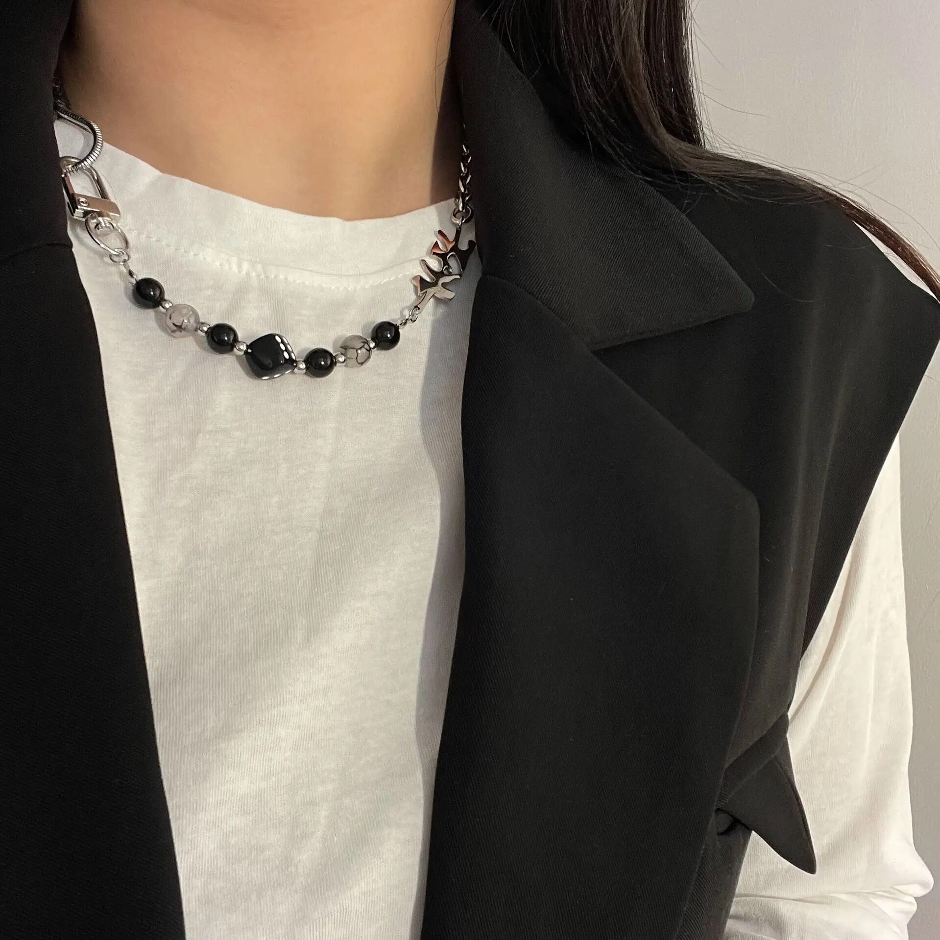 Pearl Stitching Black Sieve Titanium Steel Neutral Necklace Niche Design National Tide Ins Wind Snake Bone Chain Sweater Chain