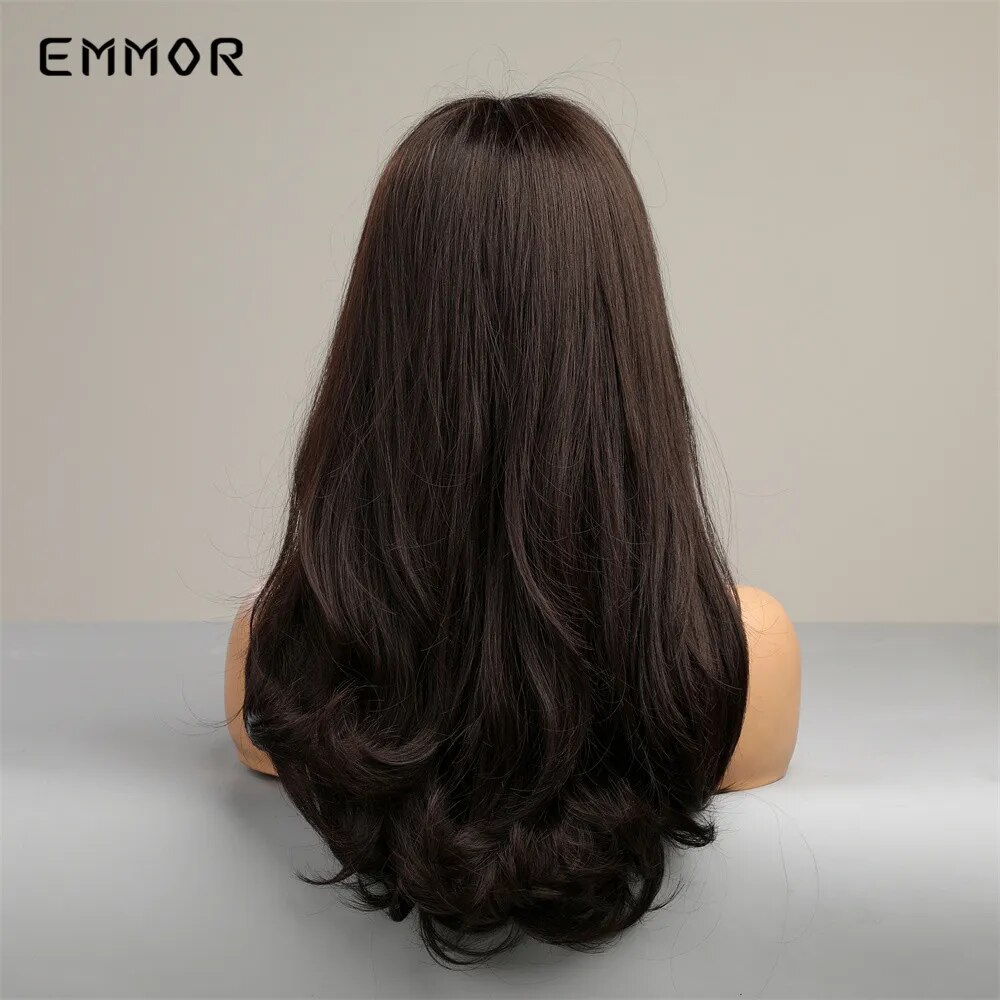 Emmor Synthetic Ombre Brown to Black Wigs Natural Wavy Hair Wig for Women Cosplay Daily Wigs with Bang Heat Resistant Fiber Hair