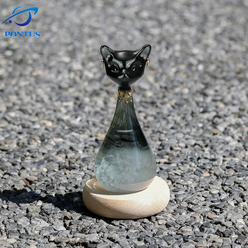 Anderson Cat Weather Forecast Bottle Predictor Monitor Glass Storm Bottle with Wooden Base Desktop Ornaments Room Decor Gifts