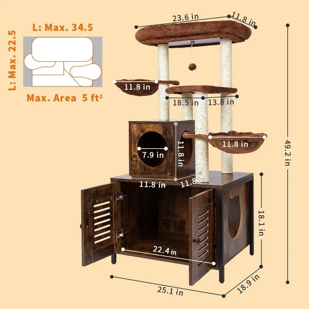 2-in-1 Rustic Cat Tree Tower With Large Plush Perch Platform Hammock and Cat Condo Tree for Cats Trees Supplies Pet Products
