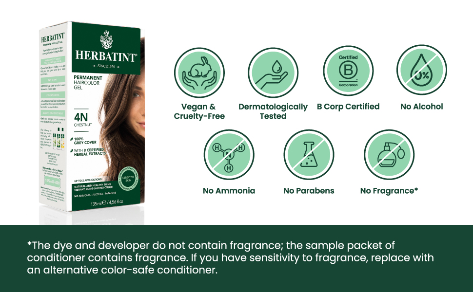 4N Chestnut permanent hair color product details such as vegan, dermatologically test, etc.