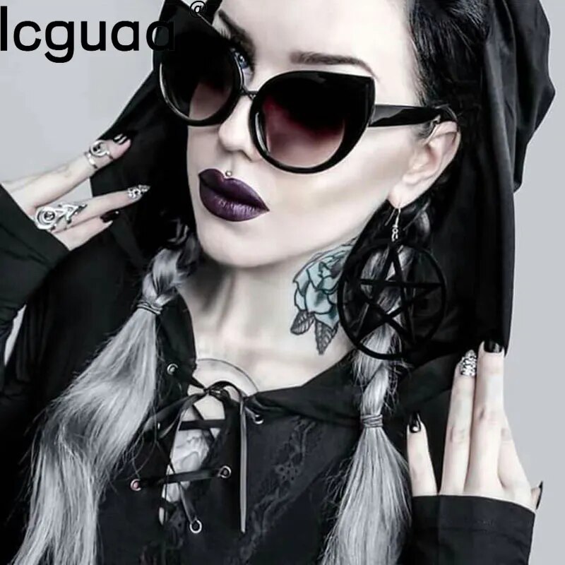 Halloween Dark Black Gothic Cat Eyes Sunglasses Vintage Luxury Brand Steampunk Oversized Sunglasses For Women