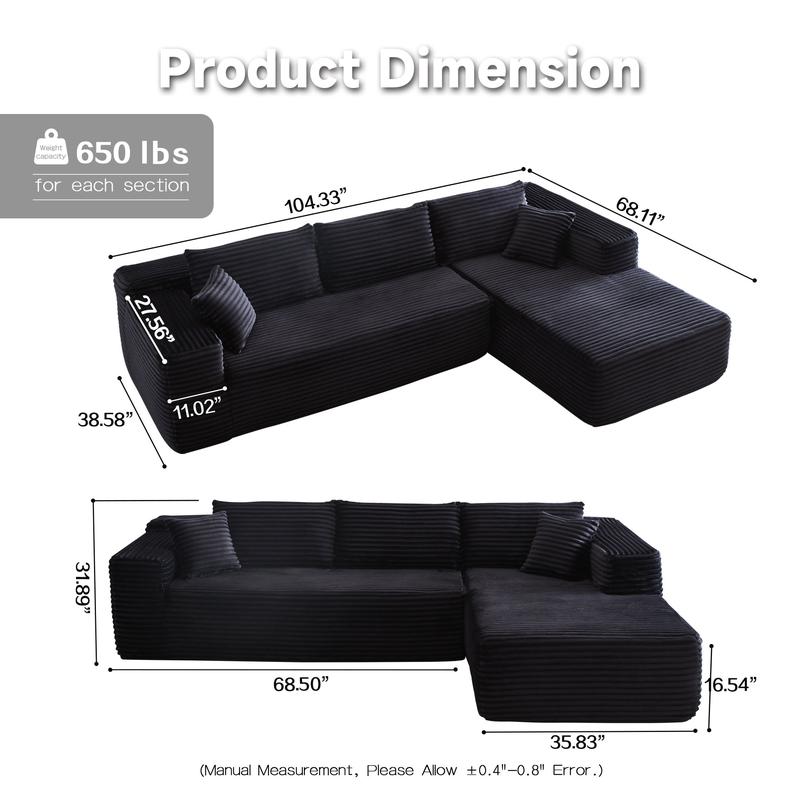 Product Introduction of 【2 Packages Shipping】Ovios 104" Plush Corduroy Cloud Velvet Modular Couch with Chaise, No Assembly Required - L-Shaped Sectional Sofa Set with Flexible Configuration - 104"W x 67.7"D x 30"H, 3 Seater 4