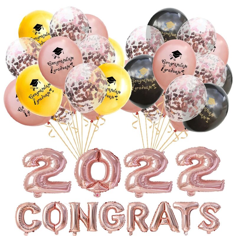 Congrats Graduation Balloons Gold Silver Black Latex Balloon Confetti Ballons 2022 Congratulation Grad Party Decoration Supplies