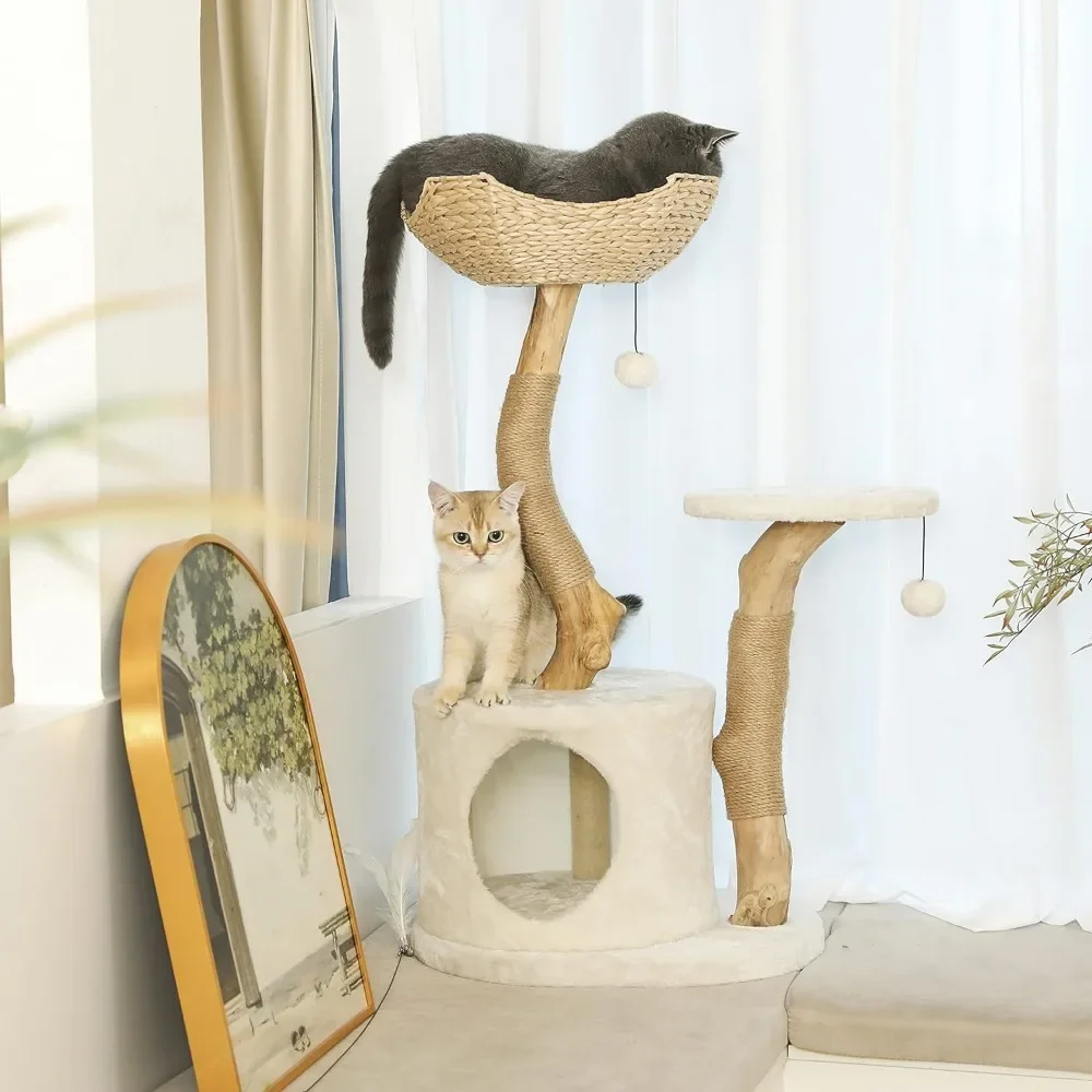 Modern Cat Tree for Indoor Small Cats - Real Wood Cat Tower With Scratch Post Hiding Enclosure -  Pet Products