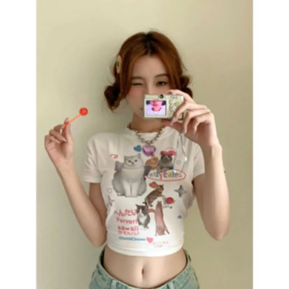 Printcess Women's Y2K Sexy Slim Short SleeveRound Neck Crop Top Cat's Sweet Spicy Girl's Small Crowd  Print CropTee Cool Street